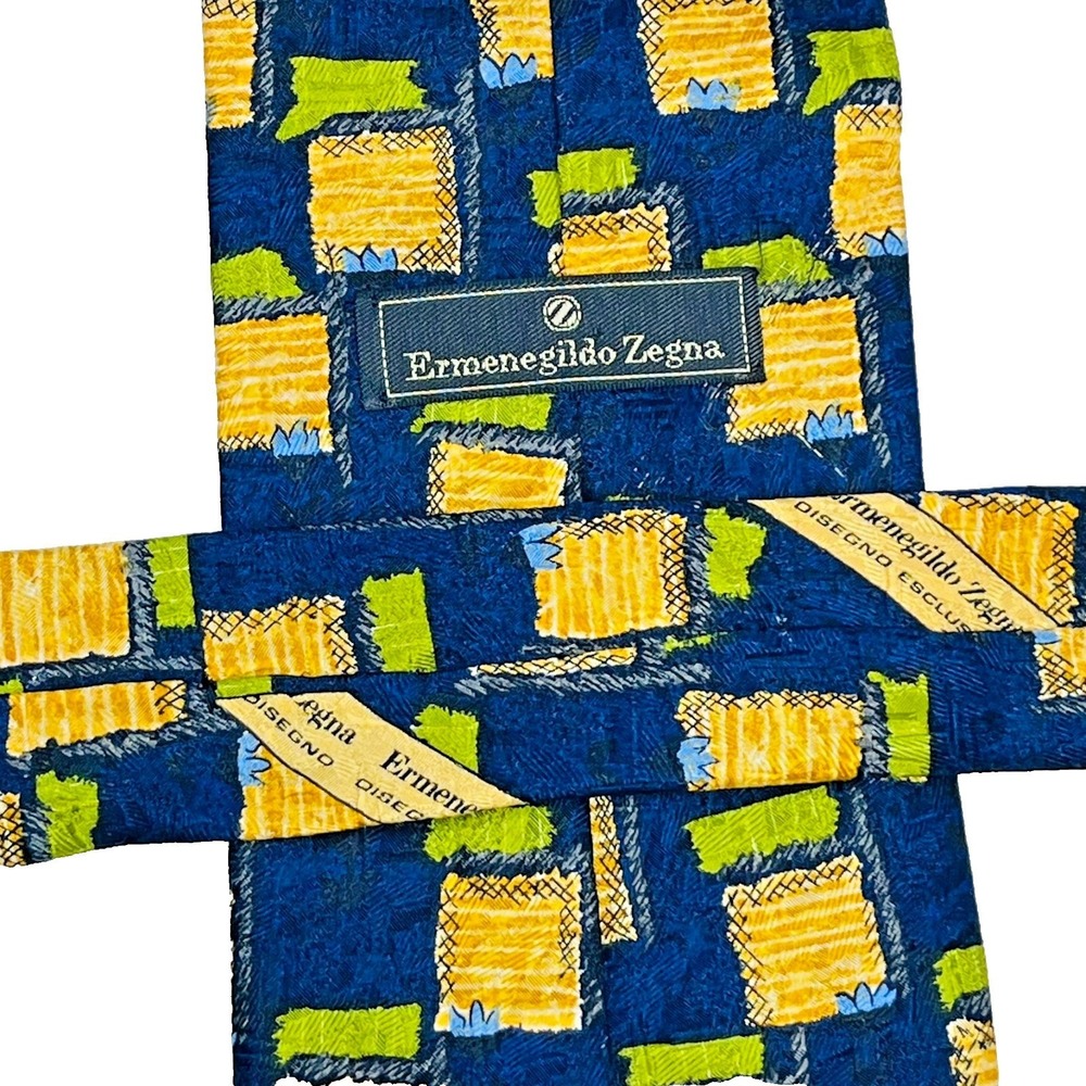 Ermenegildo Zegna Diseono Esclusivo Silk Mens Necktie Navy Geometric Italy *Flaw - Picture 8 of 11